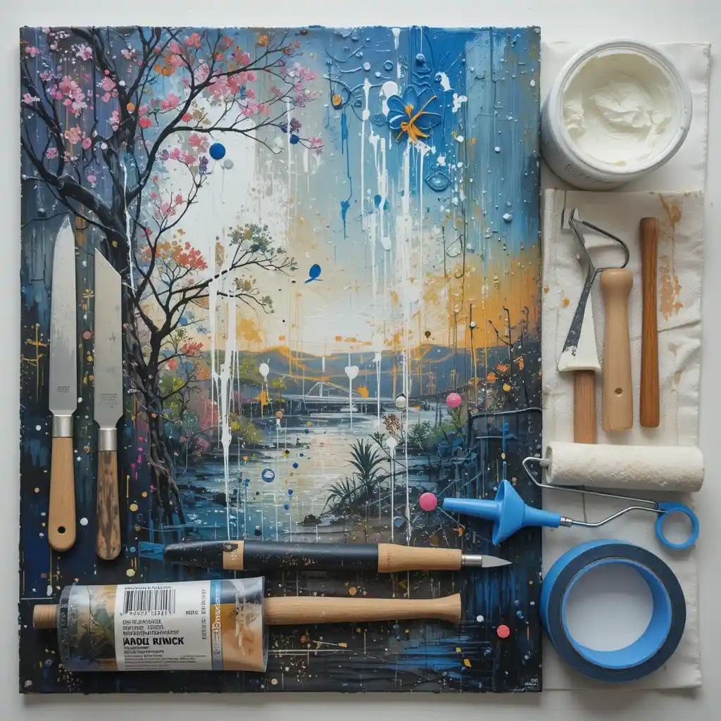 Essential materials and tools for DIY Large Wall Art laid out on a table