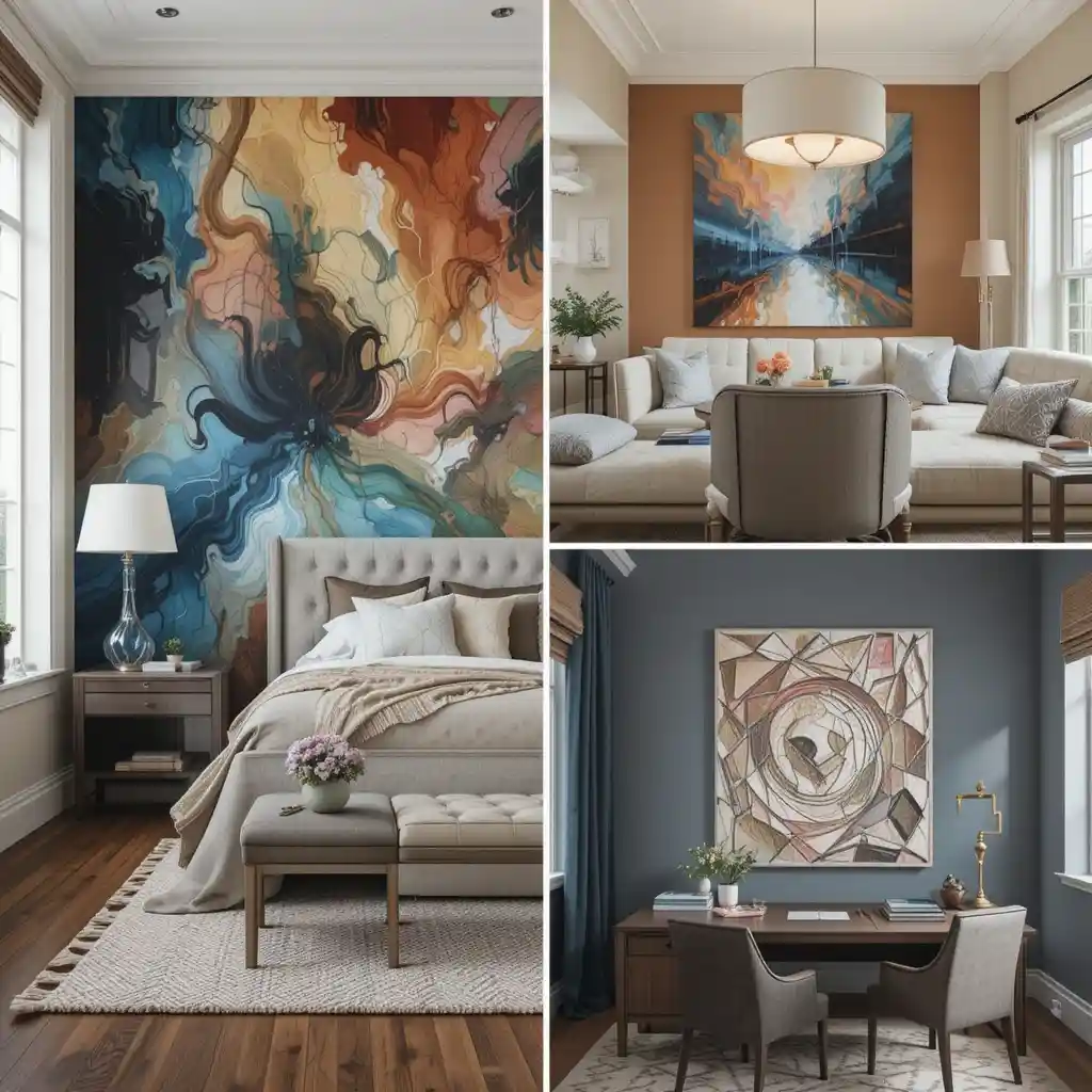 Three room examples featuring DIY Large Wall Art in varied styles