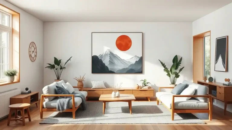 Modern living room with Japandi wall art reflecting Japanese simplicity and Scandinavian minimalism.