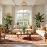Bright living room showcasing modern boho interior design with rattan furniture and lush plants