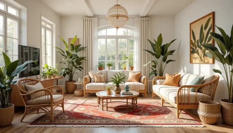 Bright living room showcasing modern boho interior design with rattan furniture and lush plants