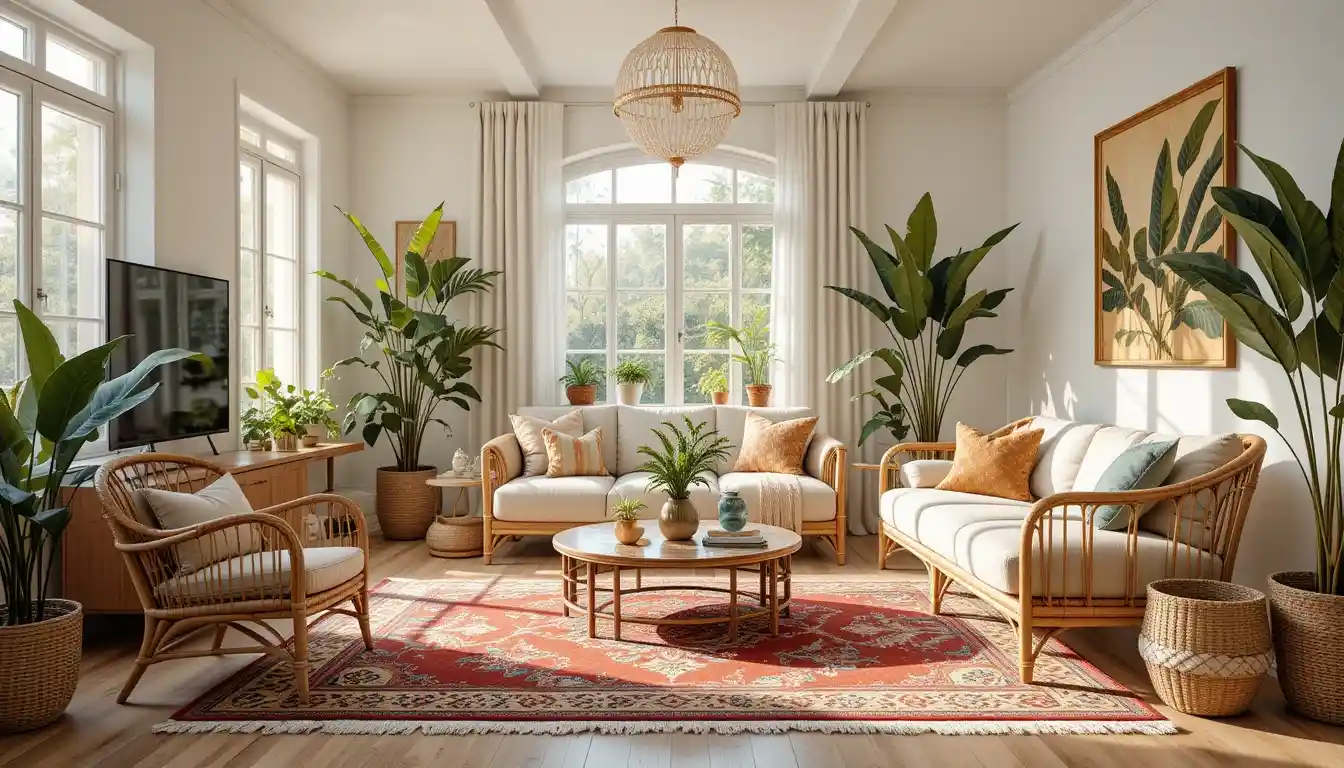 Bright living room showcasing modern boho interior design with rattan furniture and lush plants
