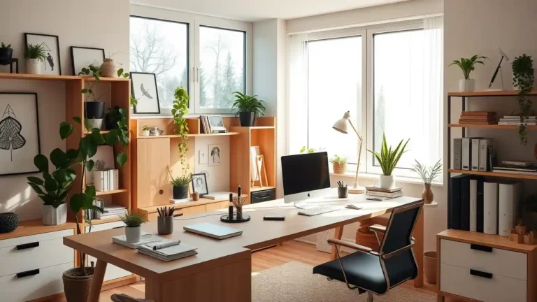 Office Design Inspiration 2025 featuring a modern, productive workspace with natural elements and clean aesthetics.