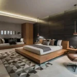 Sleek masculine bedroom showcasing mens bedroom ideas with charcoal wall and teak bed