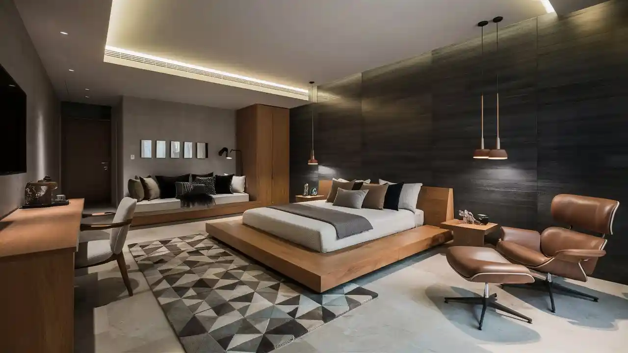 Sleek masculine bedroom showcasing mens bedroom ideas with charcoal wall and teak bed