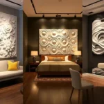 Bright living room showcasing white plaster wall art feature wall