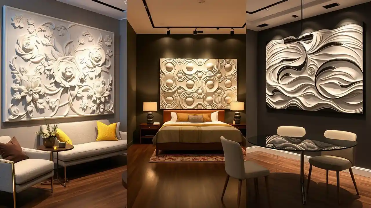 Bright living room showcasing white plaster wall art feature wall