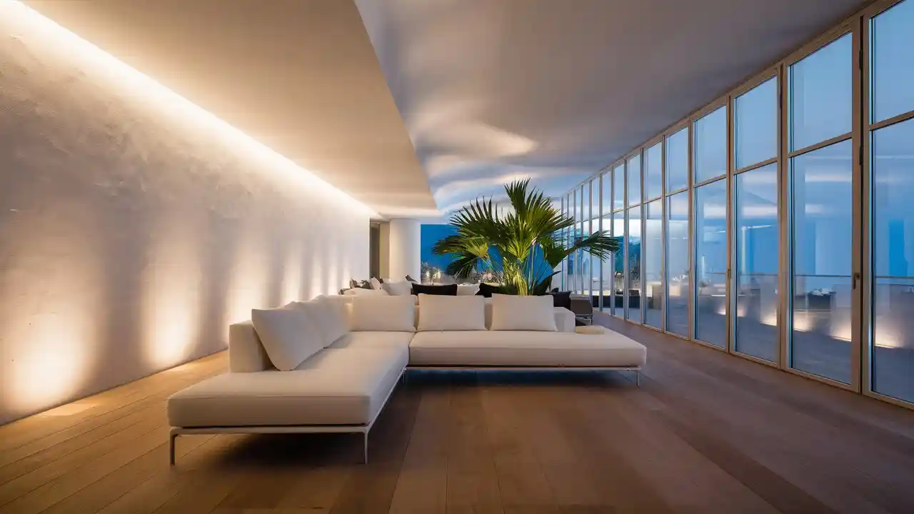Modern living room with elegant plaster wall finishes