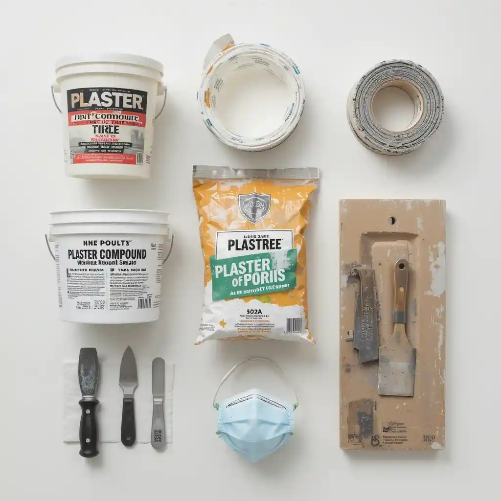 Materials and tools arranged for plaster wall repair project
