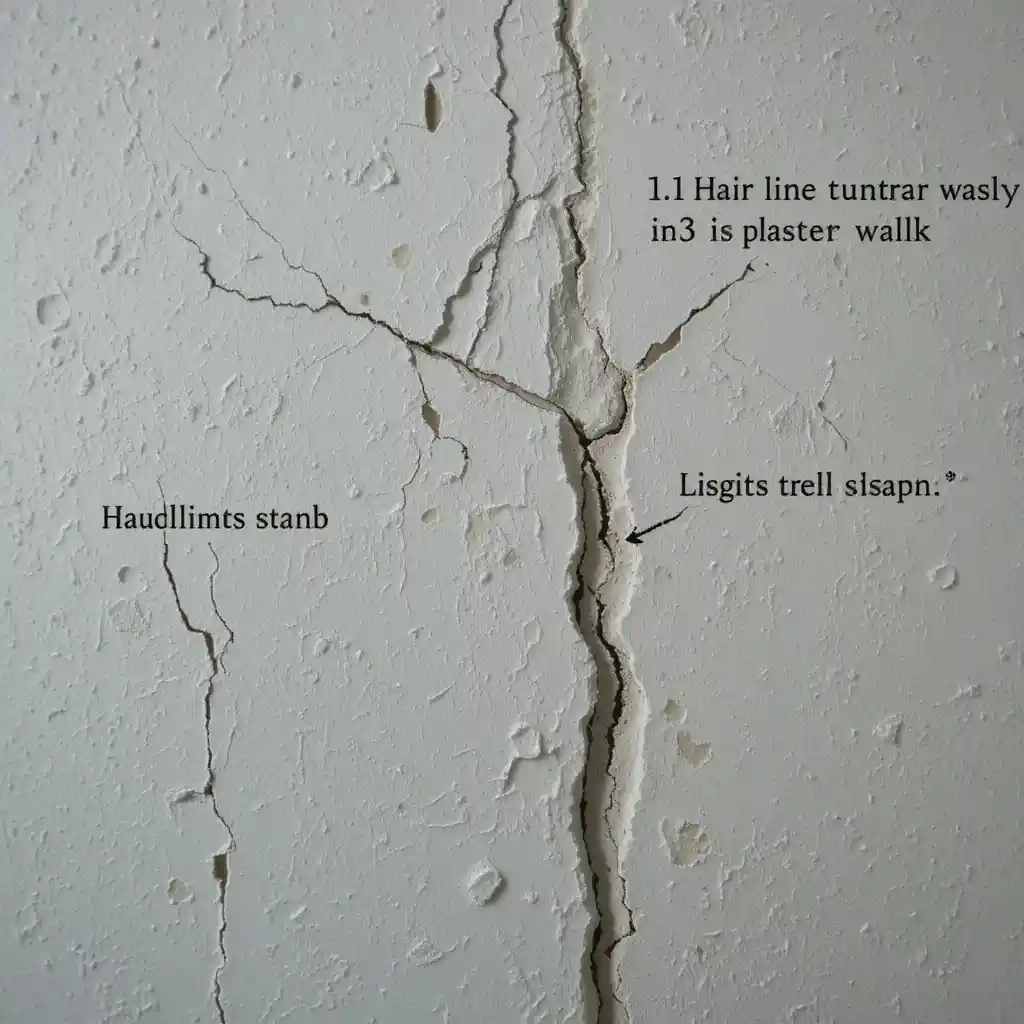 Plaster wall showing hairline cracks, a large fracture, and sagging ready for repair