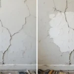 Before-and-after comparison of plaster wall repair showing cracked and patched wall