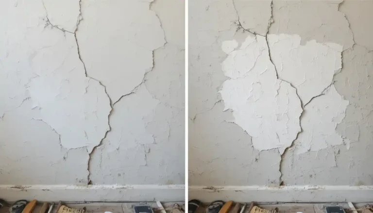 Before-and-after comparison of plaster wall repair showing cracked and patched wall