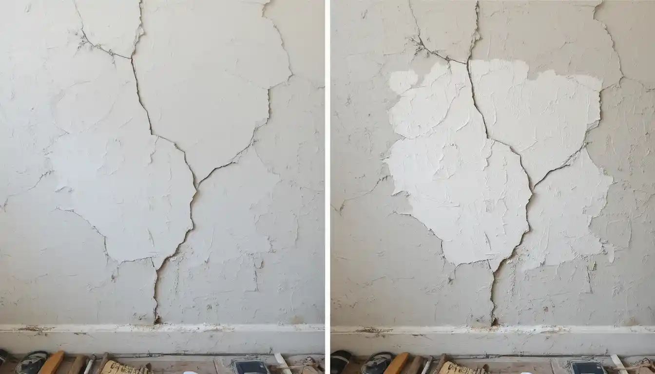 Before-and-after comparison of plaster wall repair showing cracked and patched wall