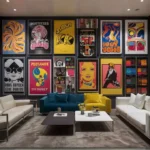 Stylish modern living room featuring a vibrant retro wall art gallery with 70s, 80s, and mid-century designs.