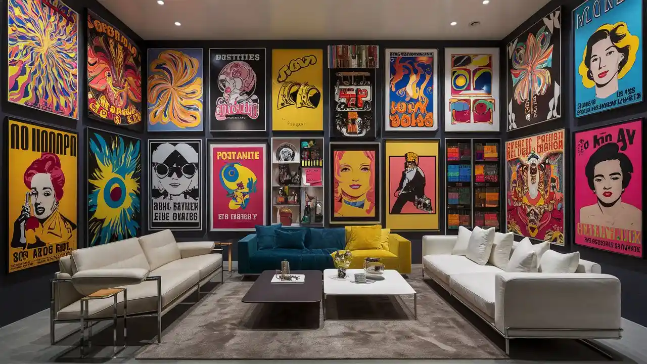 Stylish modern living room featuring a vibrant retro wall art gallery with 70s, 80s, and mid-century designs.