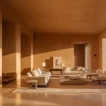 Modern living room featuring a polished Venetian plaster wall