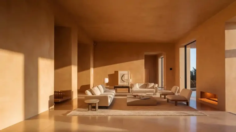 Modern living room featuring a polished Venetian plaster wall