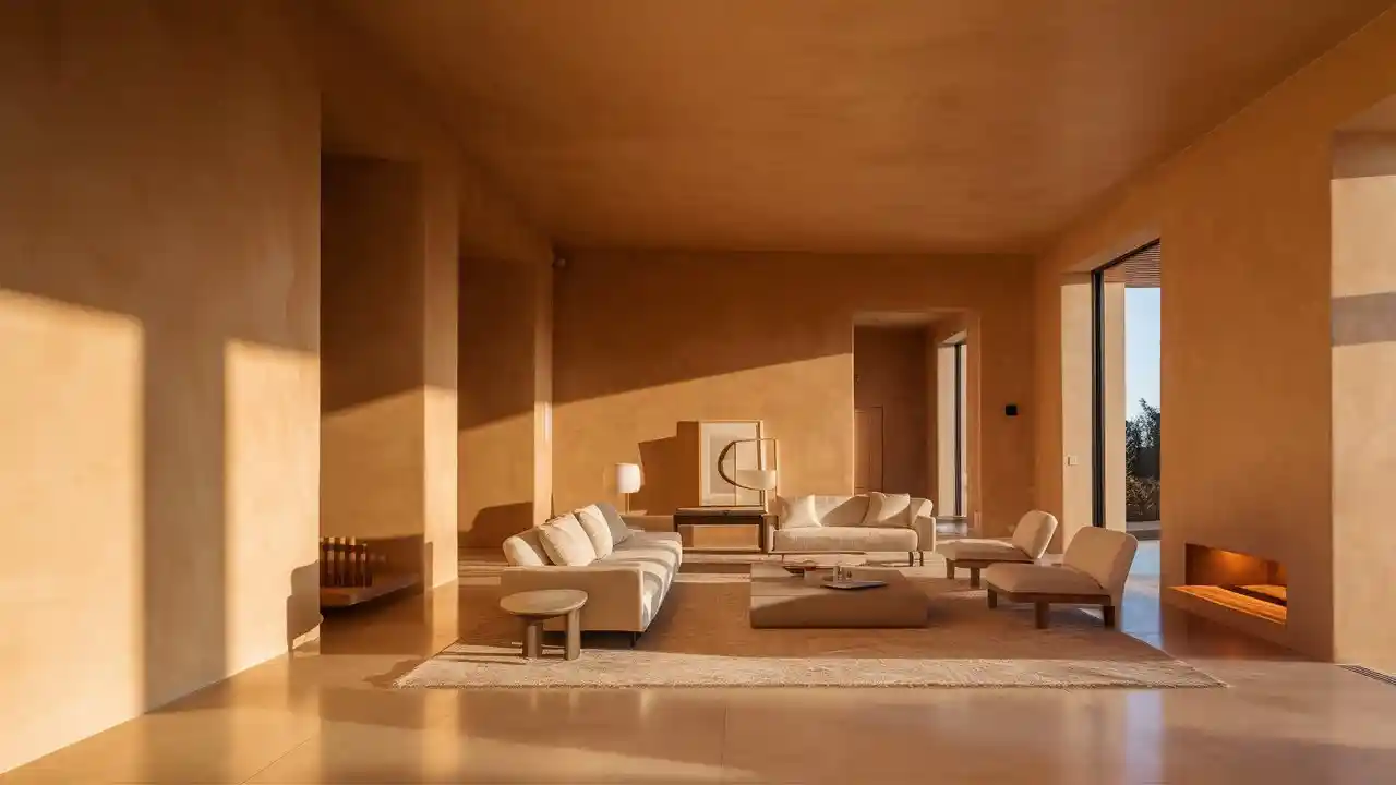 Modern living room featuring a polished Venetian plaster wall