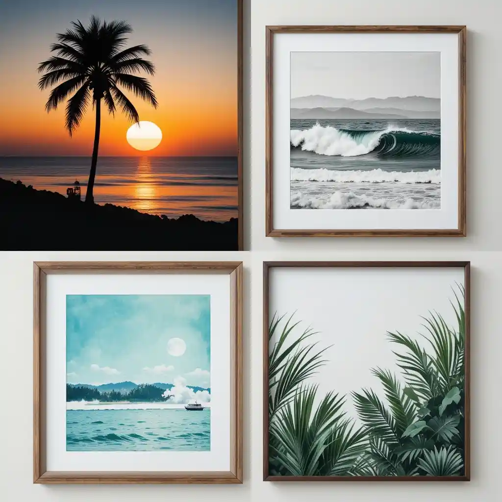 Four‑print display of varied beach wall art styles