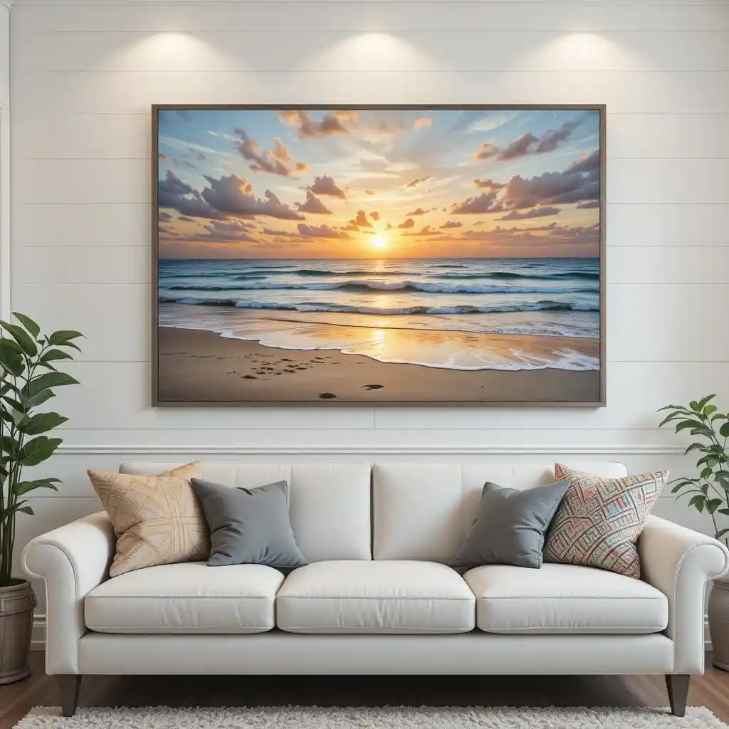Sunrise beach canvas above sofa on shiplap wall