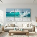 Beach wall art multi-panel wave canvas in a bright living room