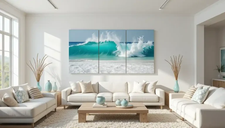 Beach wall art multi-panel wave canvas in a bright living room