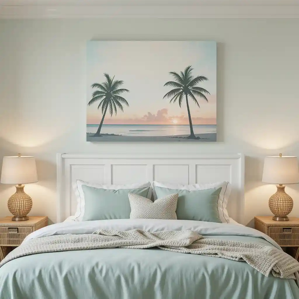 Beach wall art palm silhouettes above bedroom headboard