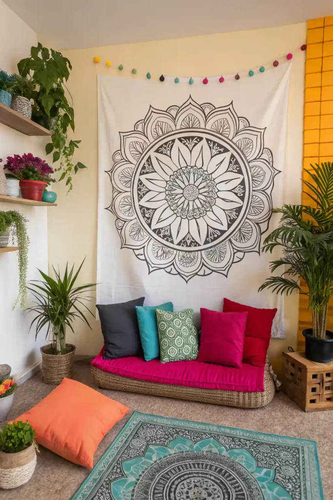 Black and white art balanced with colorful home accessories