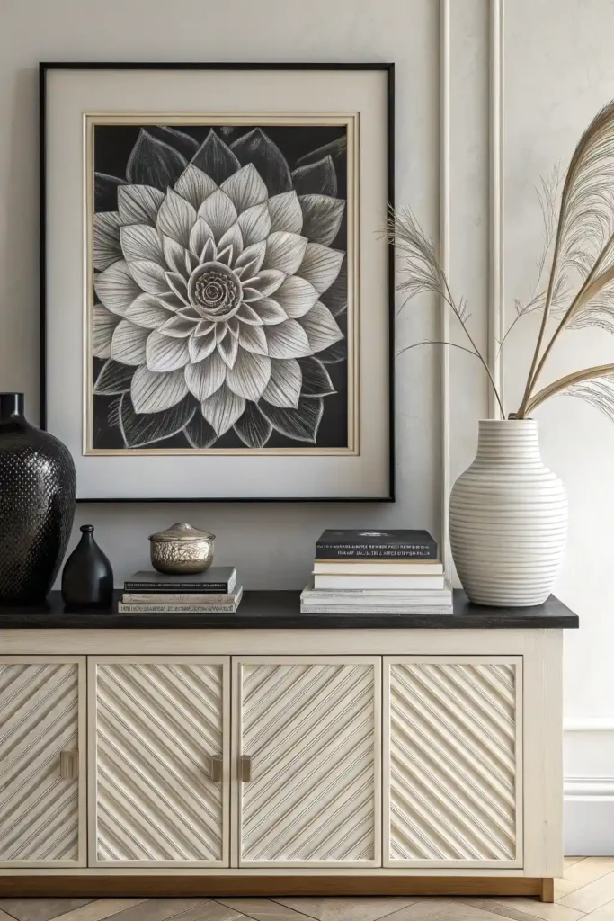 Abstract wall art placement above console in modern hallway