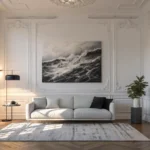 Large abstract black and white art in a modern minimalist living room