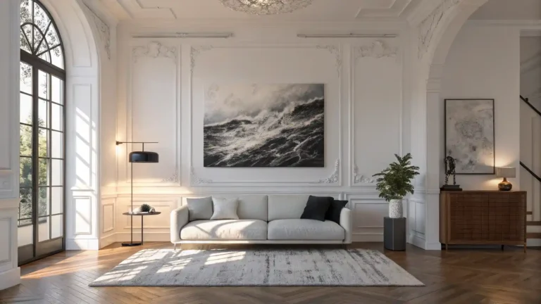 Large abstract black and white art in a modern minimalist living room