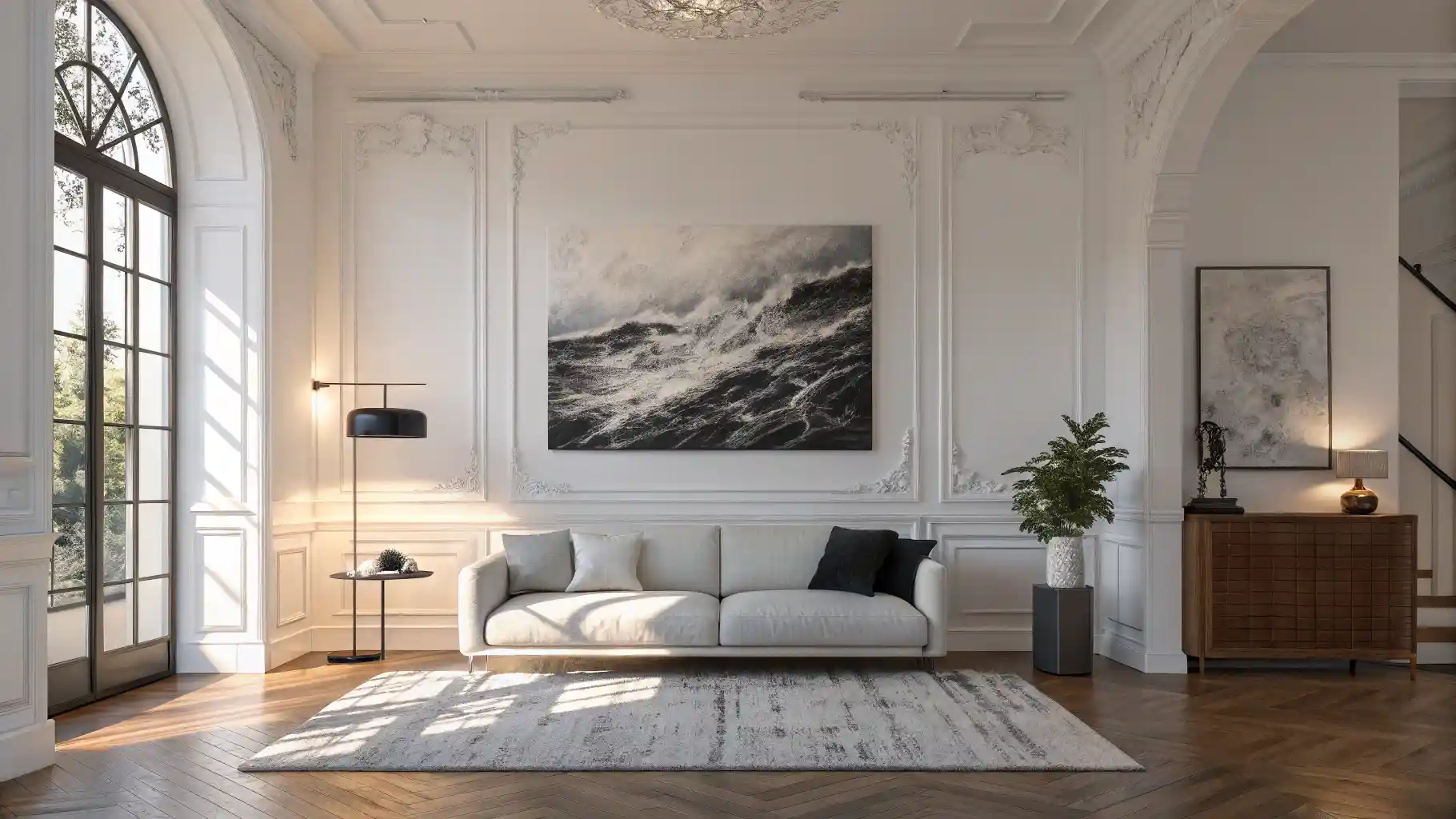 Large abstract black and white art in a modern minimalist living room