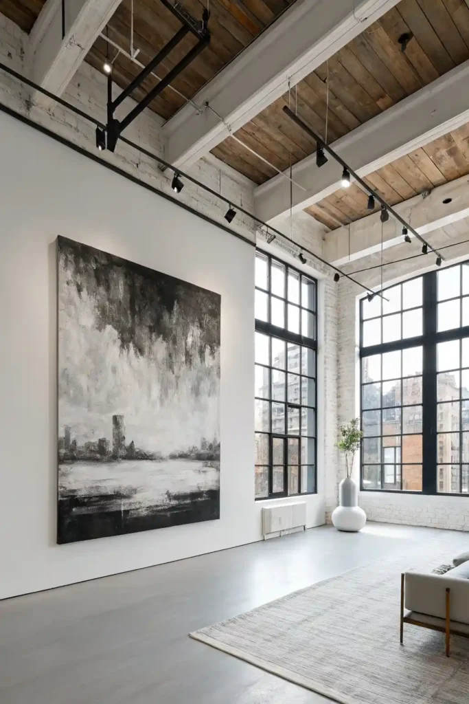 Large abstract black and white painting in loft-style room