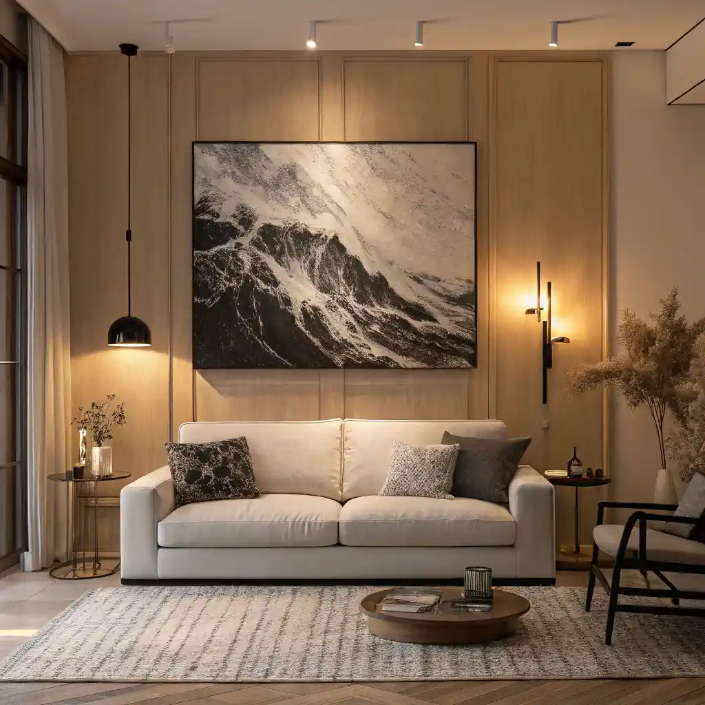 Abstract black and white art in a bedroom and home office