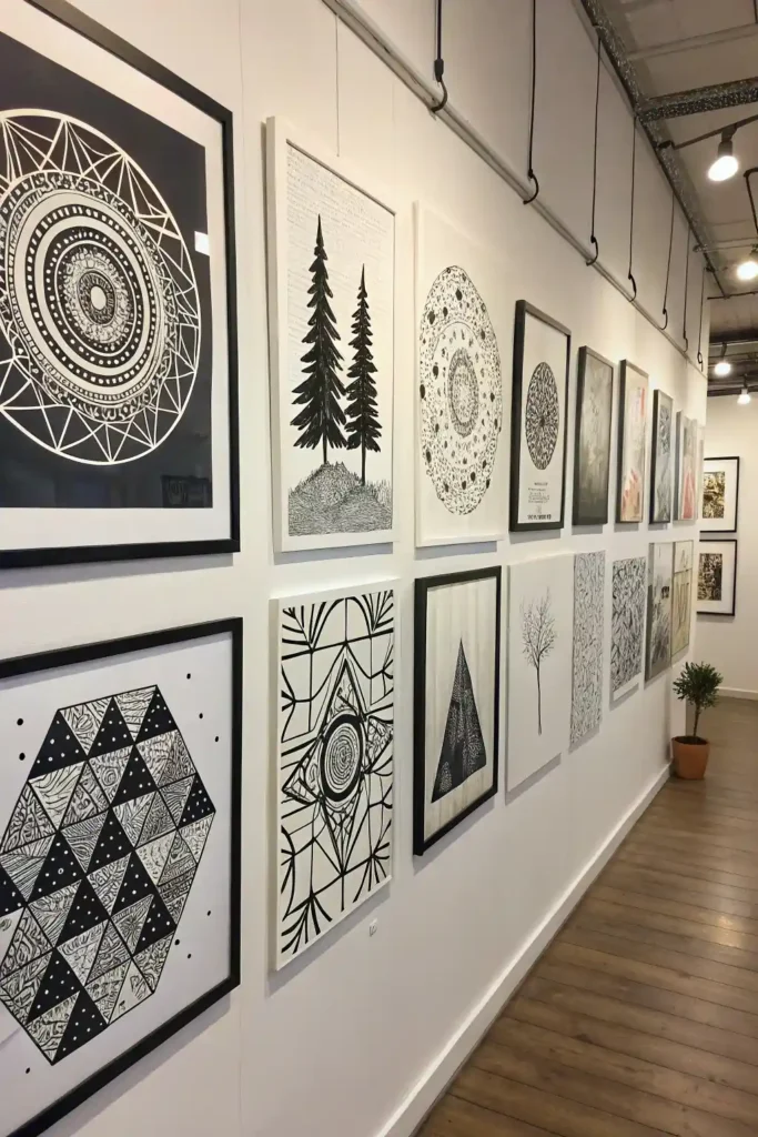 Abstract black and white art compared to colorful art in a modern gallery