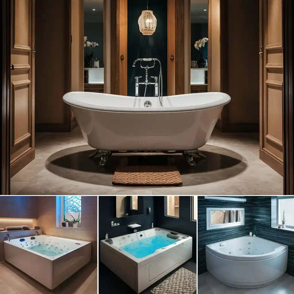 Various styles of jacuzzi baths in room including freestanding and whirlpool tubs