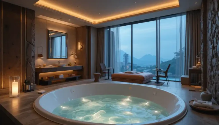 Luxurious bedroom with modern jacuzzi bath in room and ambient lighting
