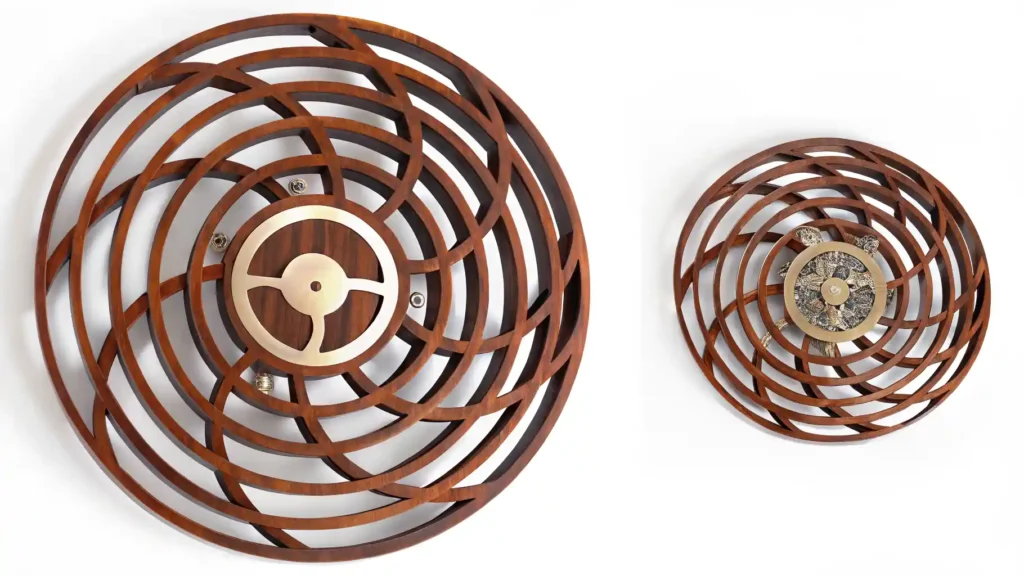 Modern kinetic sculpture wall art in motion with abstract design.