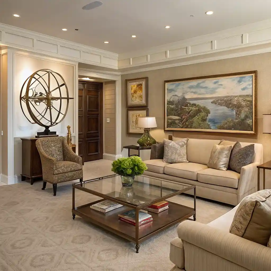Kinetic sculpture in a living room creating a focal point.