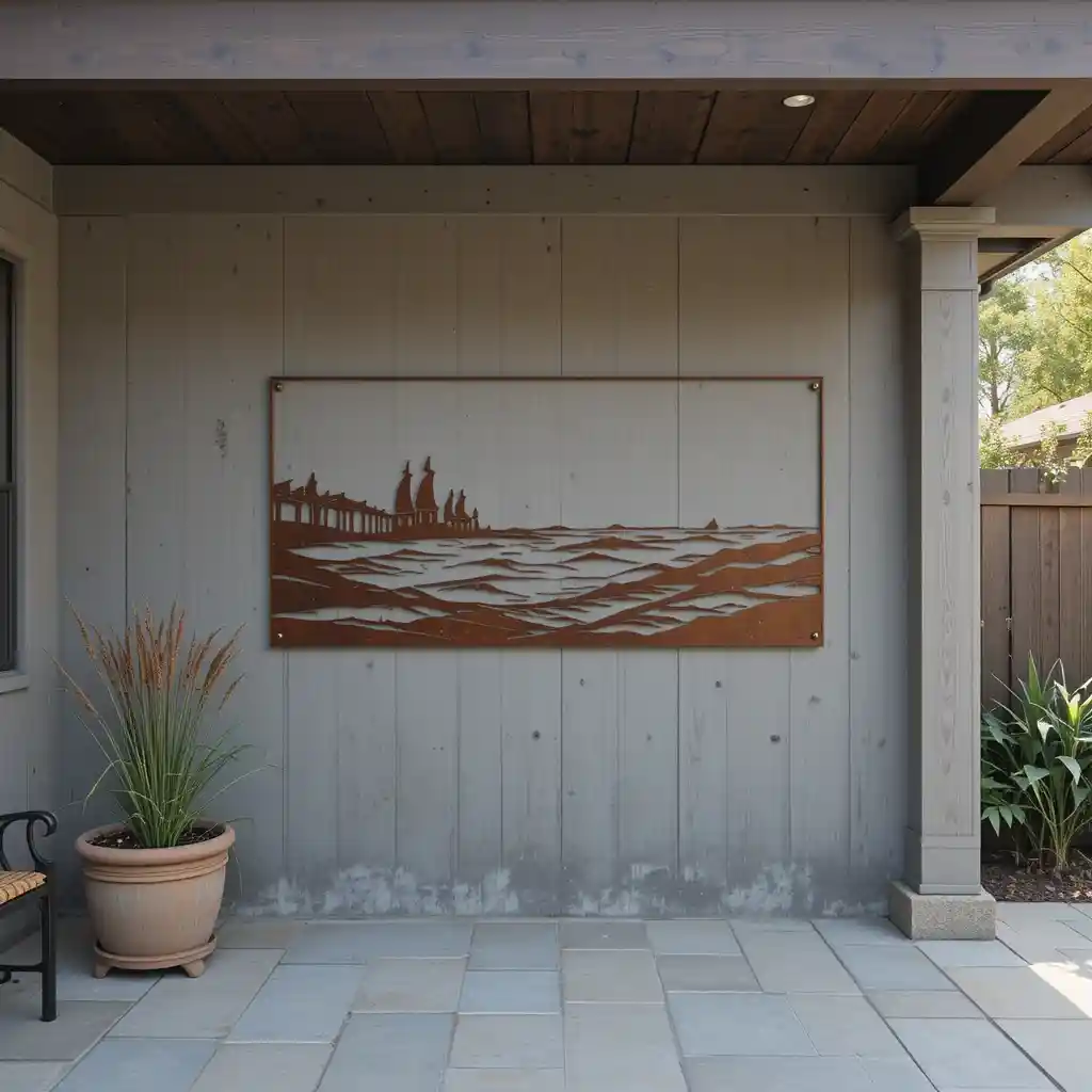 Patio decorated with outdoor metal wall art