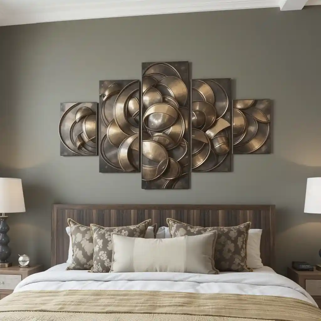 Dining room with geometric metal art wall panels.