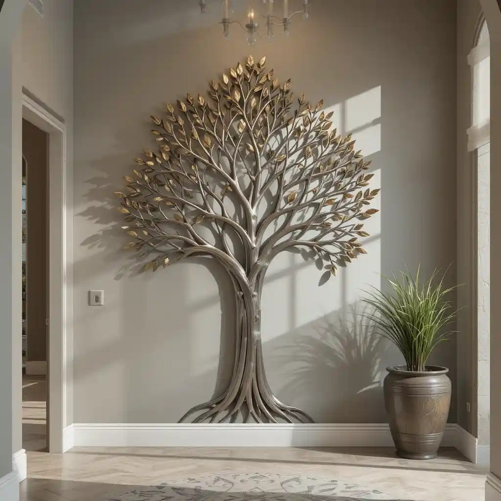 Entryway with a nature-inspired metal tree wall sculpture.