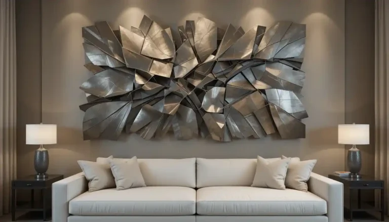 Contemporary living room featuring metal art wall decor above a sofa.