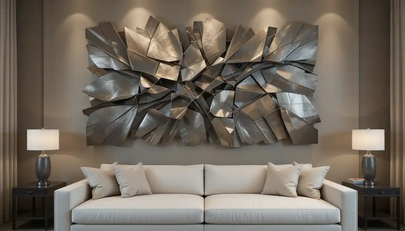 Contemporary living room featuring metal art wall decor above a sofa.