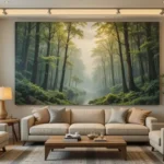 Cozy living room with forest nature wall art