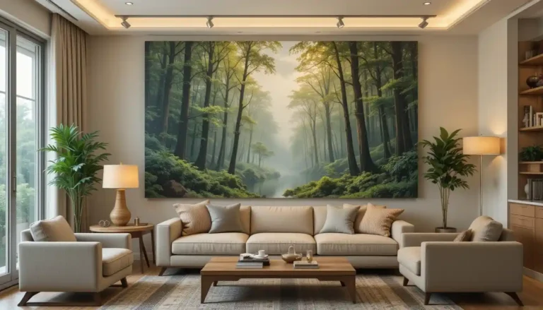 Cozy living room with forest nature wall art