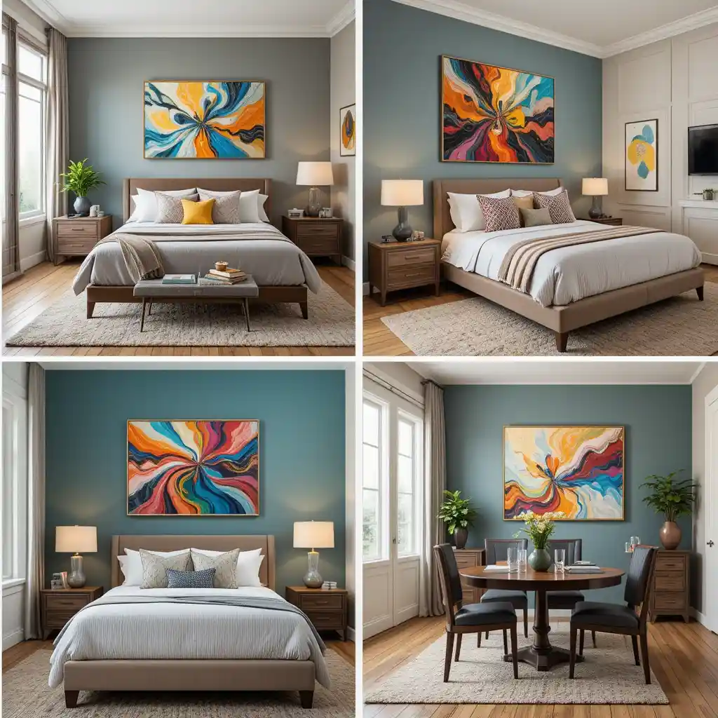 Colorful abstract art in different home spaces