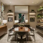 Creative dining room wall decor with gallery art, mirror, and shelving in a modern cozy setting