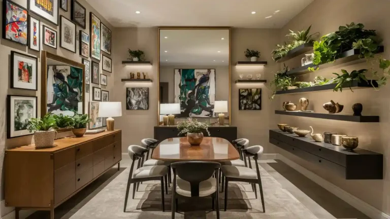 Creative dining room wall decor with gallery art, mirror, and shelving in a modern cozy setting