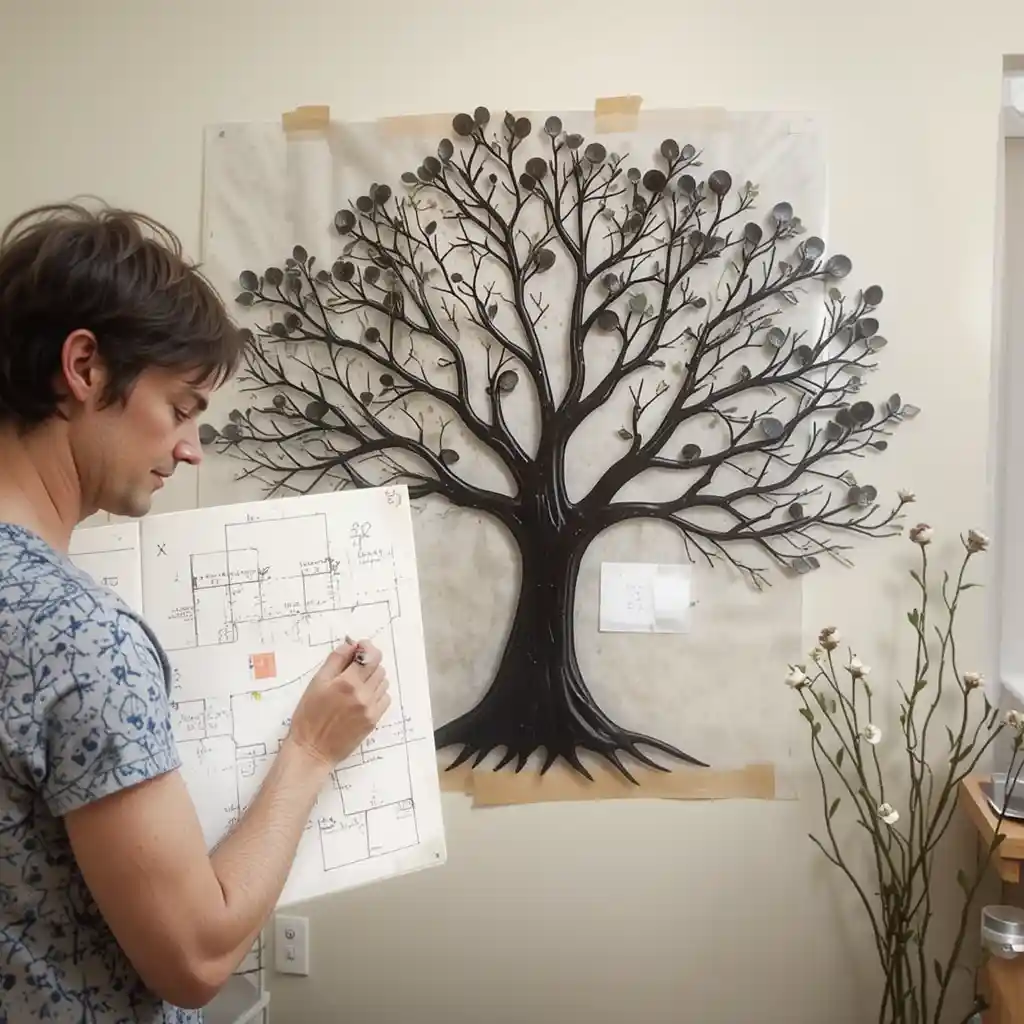 Nature-inspired Metal Tree Wall Art with leaf details in a sunlit hallway